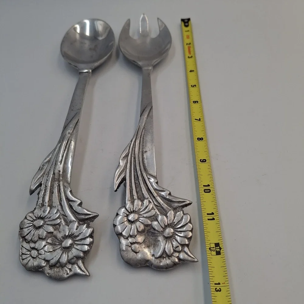 Vintage Mexican Pewter Salad Servers Set Daisy Floral Cast Aluminum Hecho Mexico